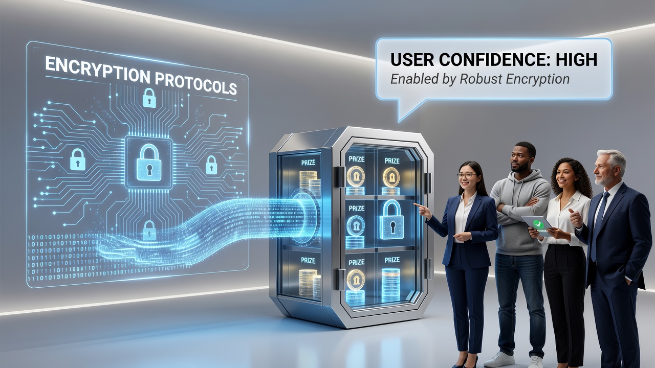 Secure server infrastructure diagram illustrating encrypted pathways for prize system data handling