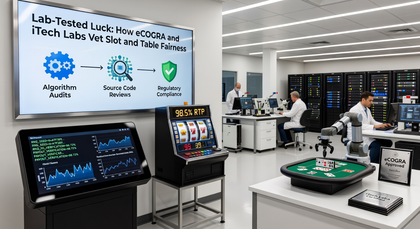iTech Labs analysts reviewing RNG data graphs on multiple screens during a slot fairness audit