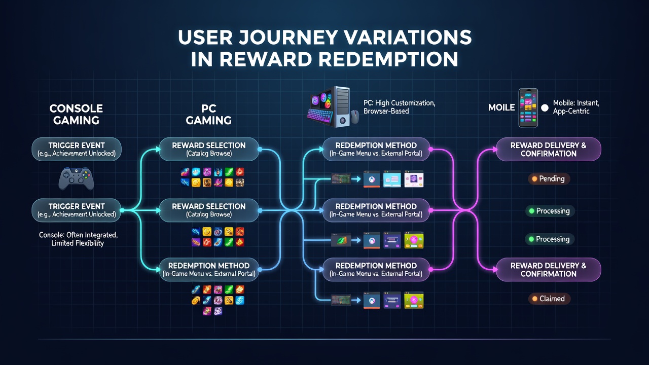 Diagram showing user journey flows for reward redemption in slots, table games, and mobile formats