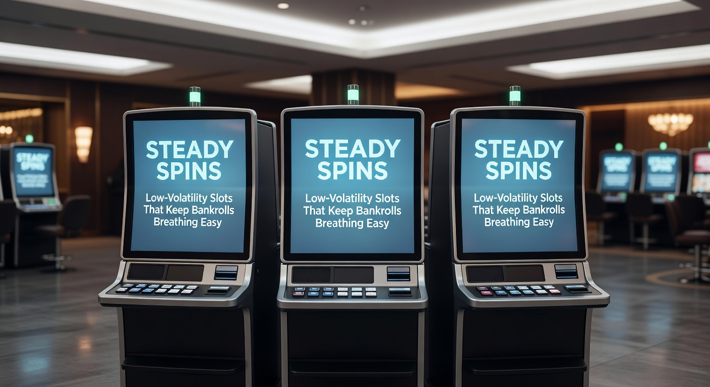 Colorful low-volatility slot machine reels spinning with frequent small wins lighting up the paylines, evoking steady gameplay sessions