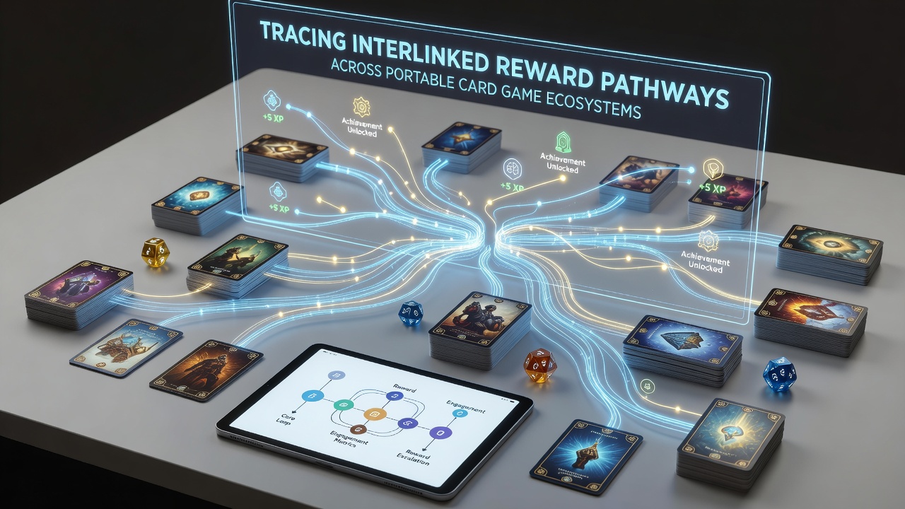 Overview of interconnected reward systems in mobile card game applications showing data flows between platforms