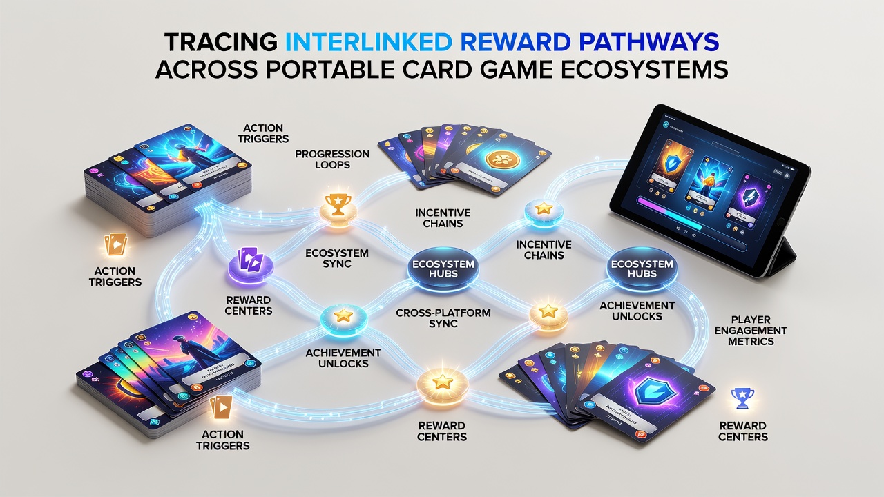 Detailed diagram of reward pathway connections between portable card game titles and user account databases